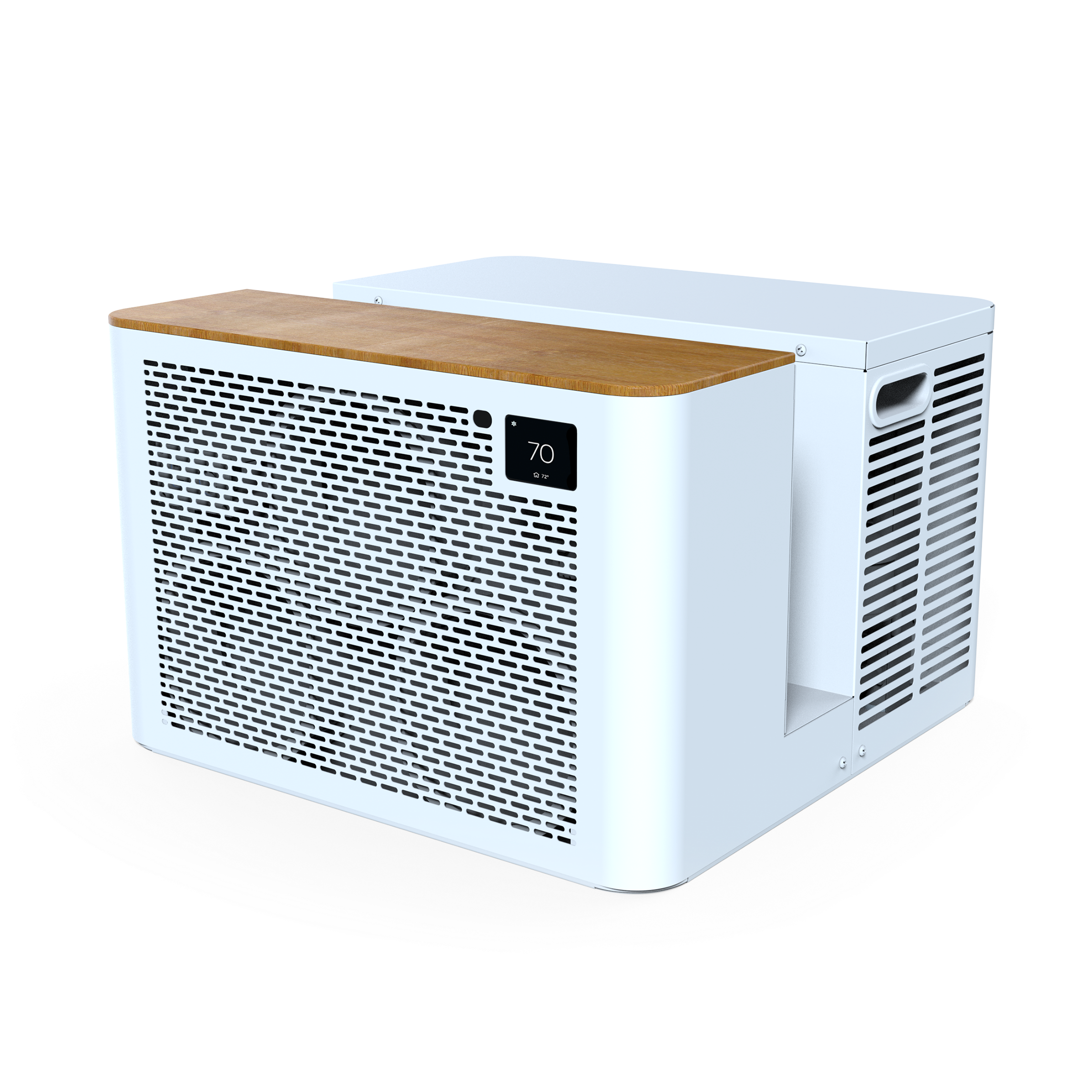 White window heat pump with wooden top on a transparent background